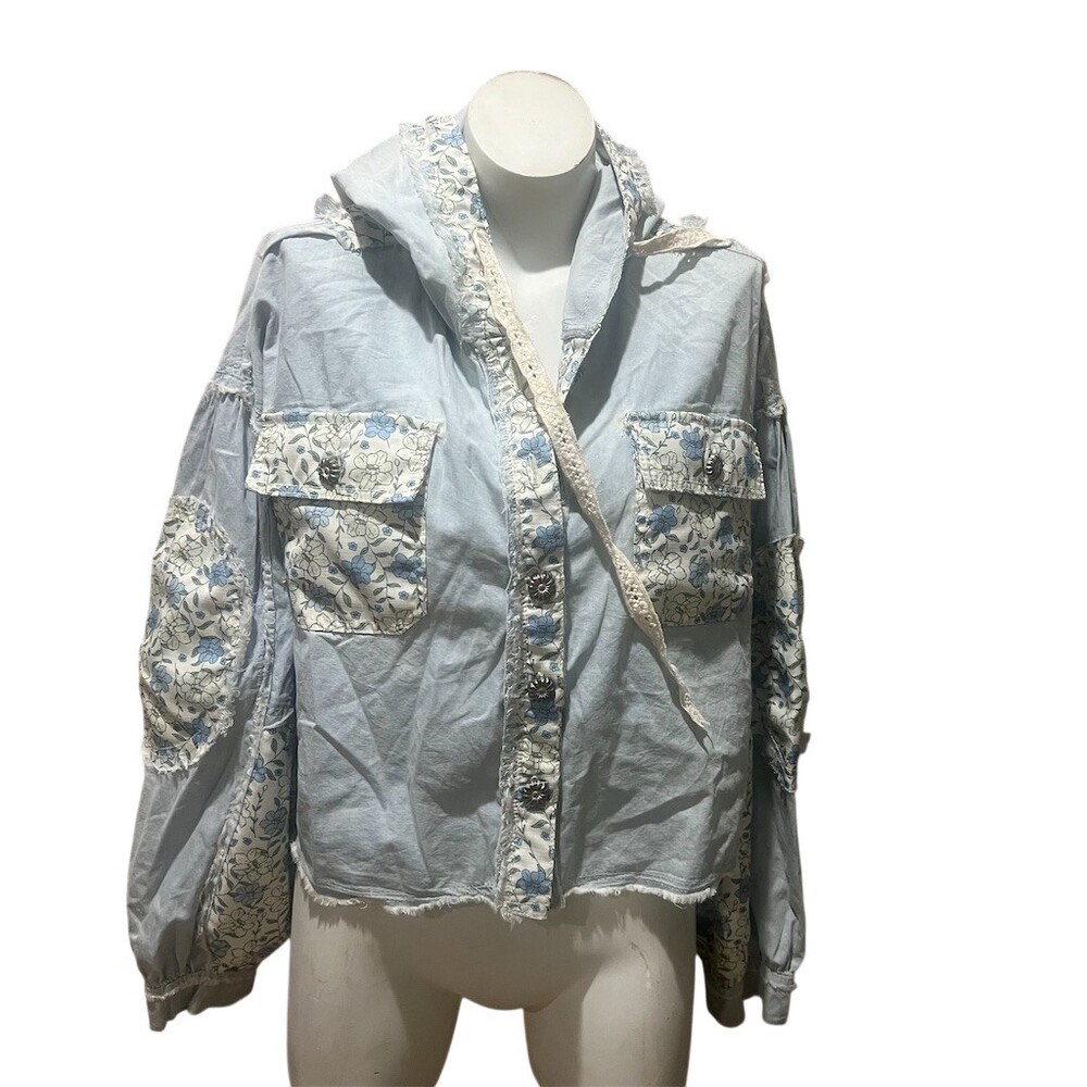 POL Clothing Shacket Jacket Womens M Blue Floral Patchwork Hooded Button